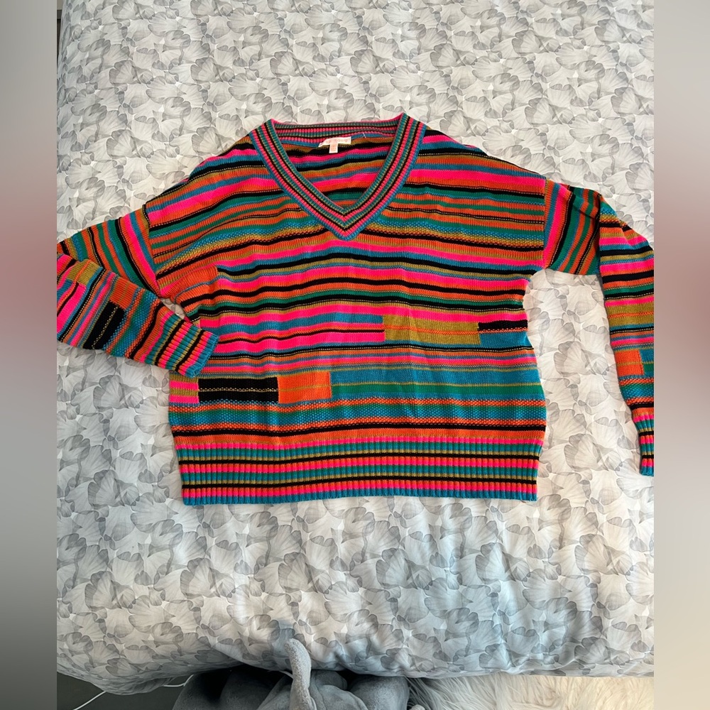 Lisa Todd colorful stripe v neck cotton sweater sz small